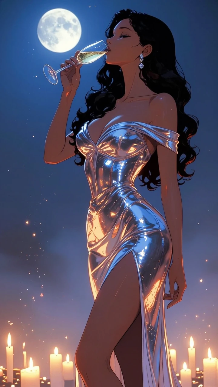 A glamorous woman standing against a candlelit background at night toasting a flute of champagne, wearing a silky off shoulder evening gown with a dee