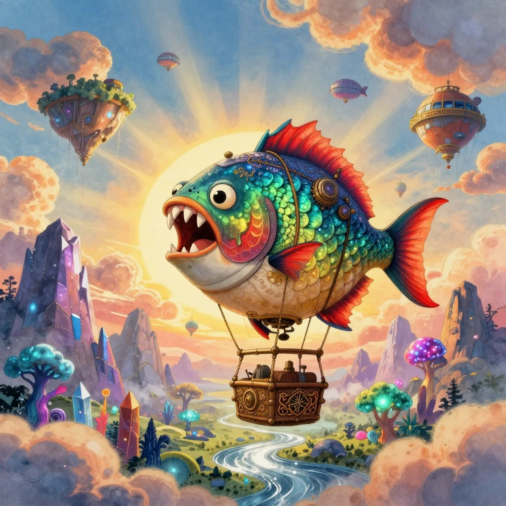 A whimsical steampunk hot air balloon shaped like a fierce piranha with sharp teeth, soaring through a dreamlike sky, rendered in vibrant cartoon style, golden hour sunlight casting warm amber glows, intricate mechanical details visible on the balloo