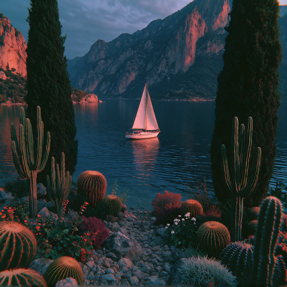 Surreal photorealistic landscape of a small white sailing yacht floating on a deep blue lake, framed by tall dark cypress trees and sculptural cactus forms in the foreground, distant steep mountains rising behind the water with subtle coralred light 