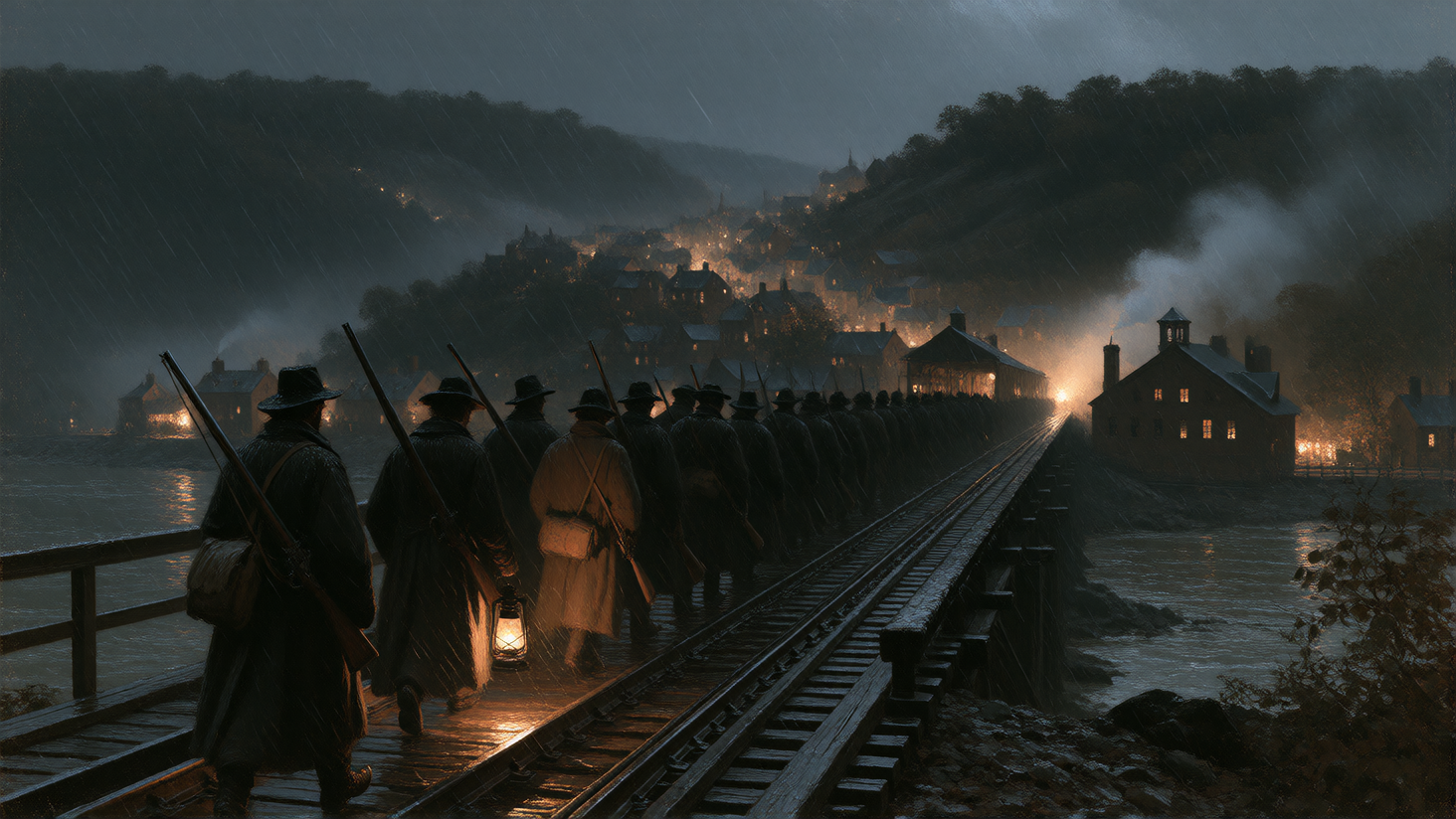 Harpers Ferry, Virginia, the night of October 16, 1859. A small band of about twenty men in dark overcoats and slouch hats walking single file across the covered Baltimore and Ohio railroad bridge over the Potomac in a cold drizzle, rifles slung, mov