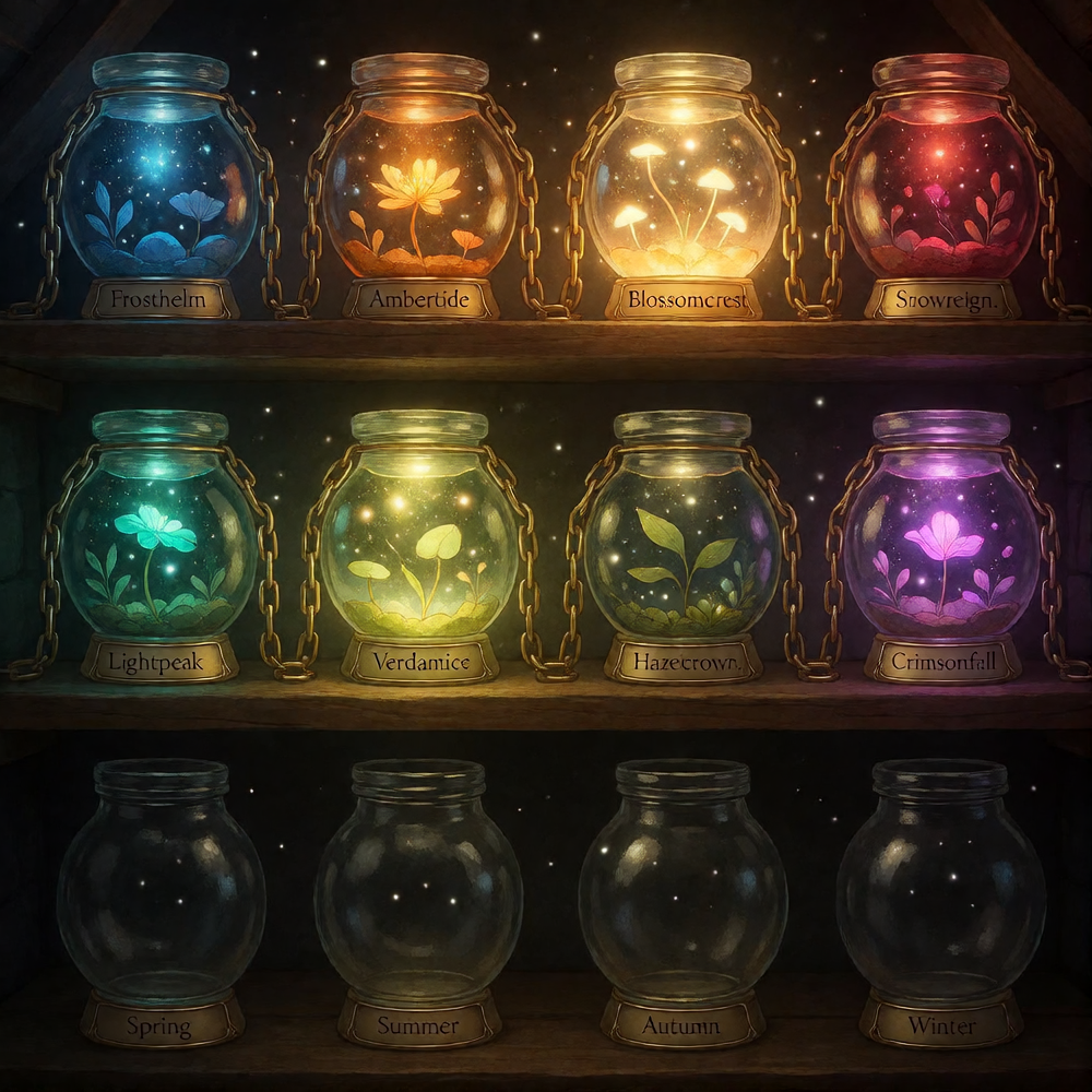An Attic Where The Seasons Are Stored In Jars; Photorealistic image of 12 Orb Jars are stored in a Vault like Attic, Each Orb Jar has a Shelf with a t