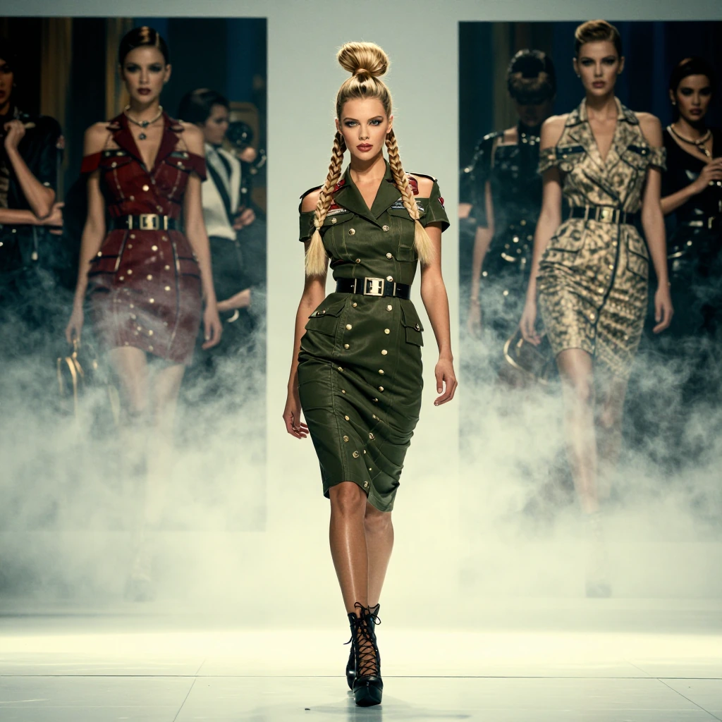 A blond bombshell supermodel, high fashion sleek off the shoulder minimalist retro British pseudo-military uniform inspired dress, tall, updo, bright 