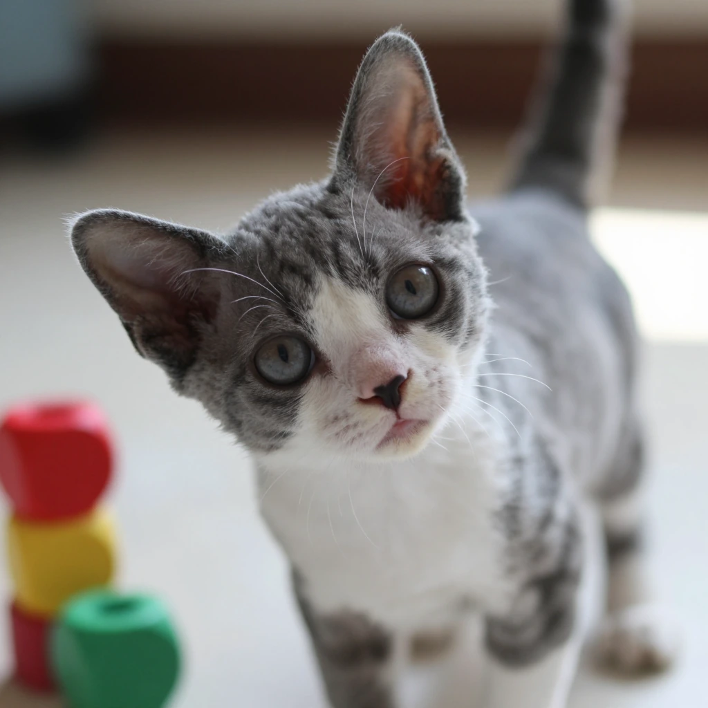 Miniature gray and white kitten tilting head with puzzled expression and huge circular eyes, taken indoors with natural side lighting, colorful toy blocks softly out of focus nearby, candid snapshot style