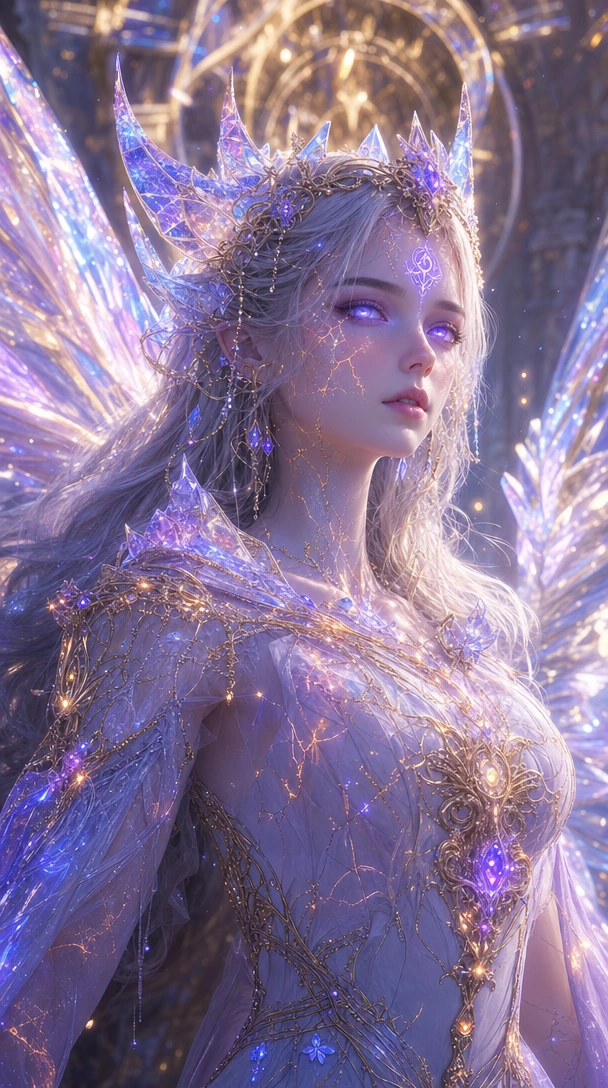Ultra-realistic, 3D, UHD, 8K Image of an Interactive 3D Model of a Fire, Ice, and Crystal Angelic Princess. [Design Details]: Her glowing skin and eyes radiate a divine, ethereal ultraviolet energy, brilliantly luminous and awe-inspiring. She exudes 