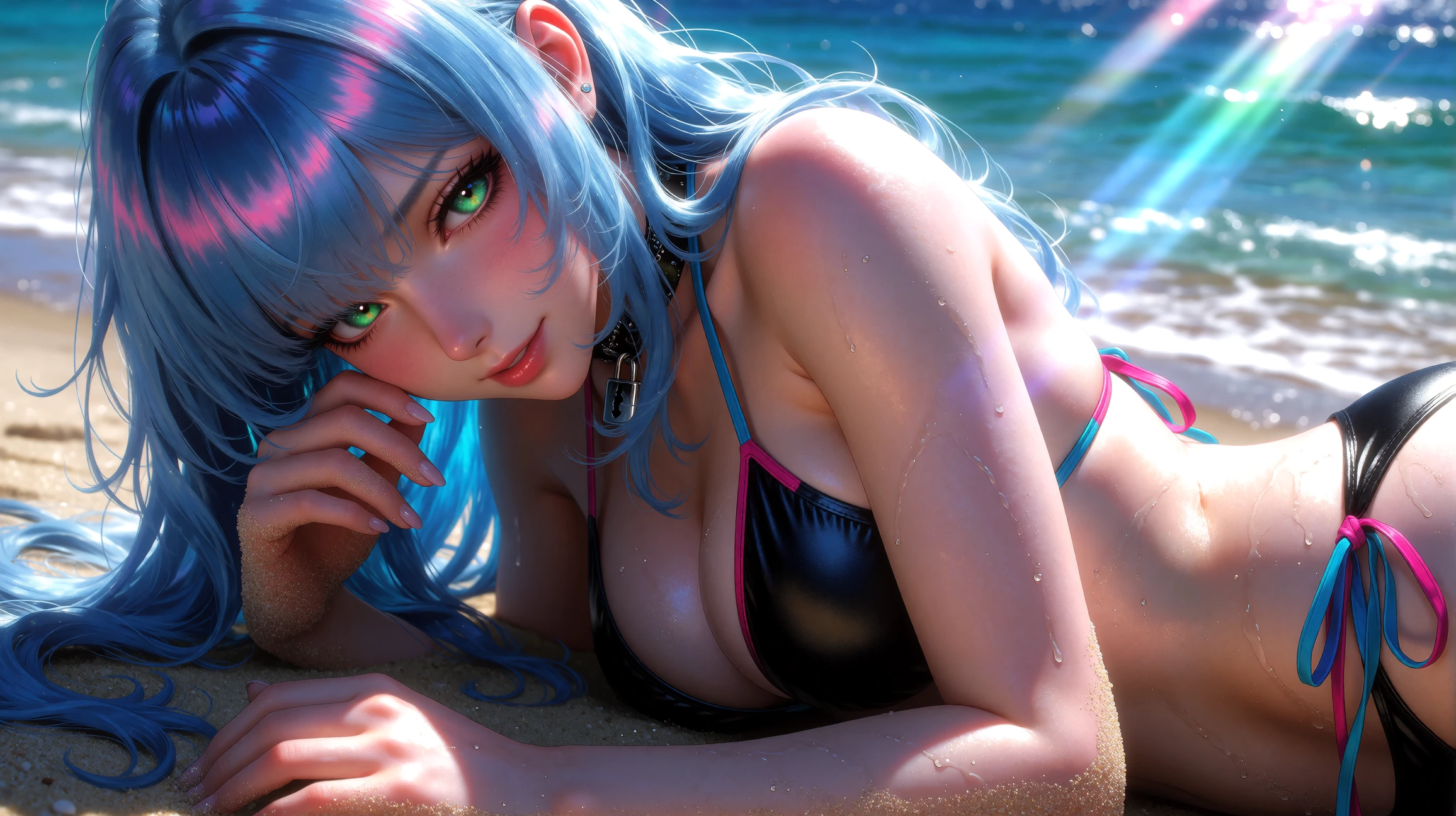 Masterpiece, best quality, ultradetailed 8K cinematic semirealistic, highly detailed glossy skin with strong subsurface scattering and intense specular highlights, sharp material rendering, bright beach lighting with rim light, vivid but refined colo