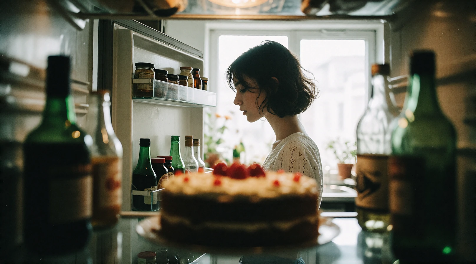 Point-of-view shot from inside a refrigerator looking out through the open door: a beautiful woman stands silhouetted against bright kitchen light, her figure framed by the fridge's interior shelves and bottles. Soft diffused light spills across her