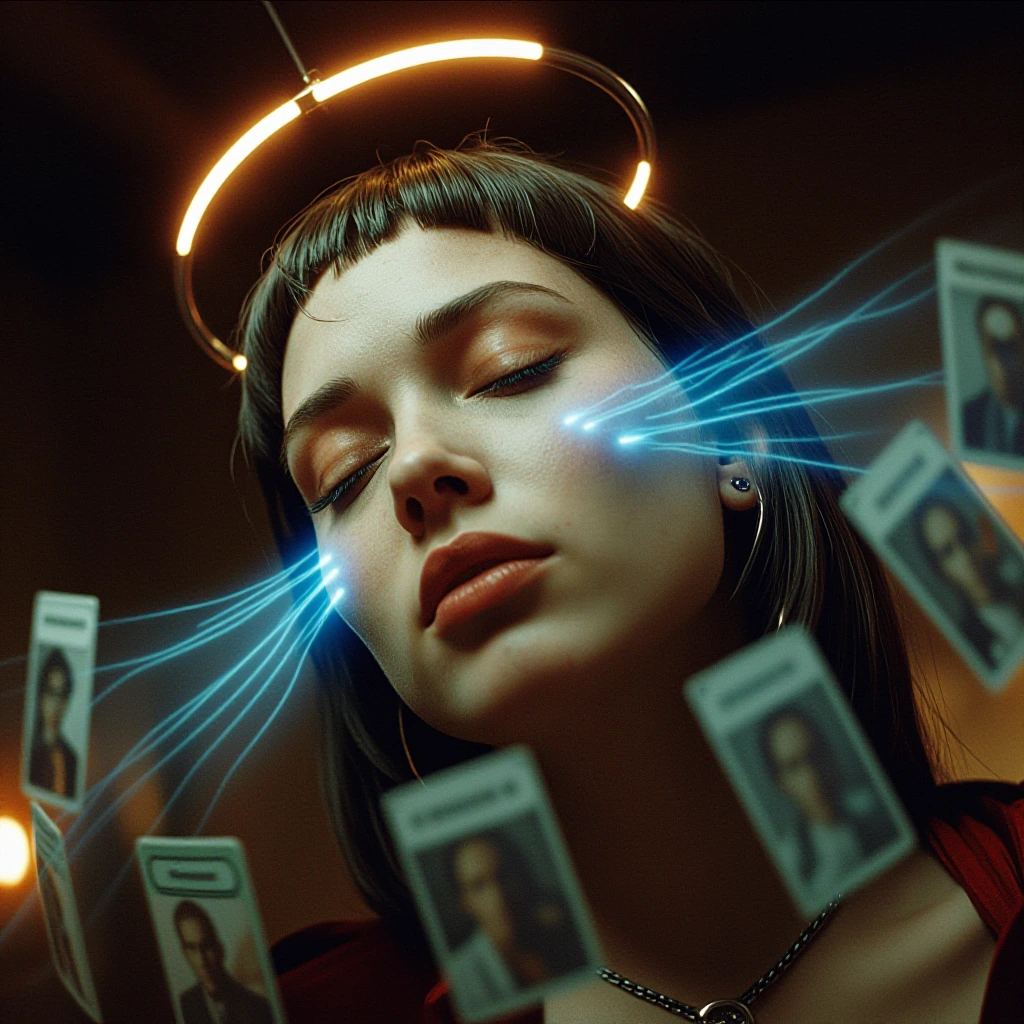 Close-up vertical portrait of a serene woman with closed eyes, glowing chrome halo above her head, streams of soft blue light flowing from her mind in