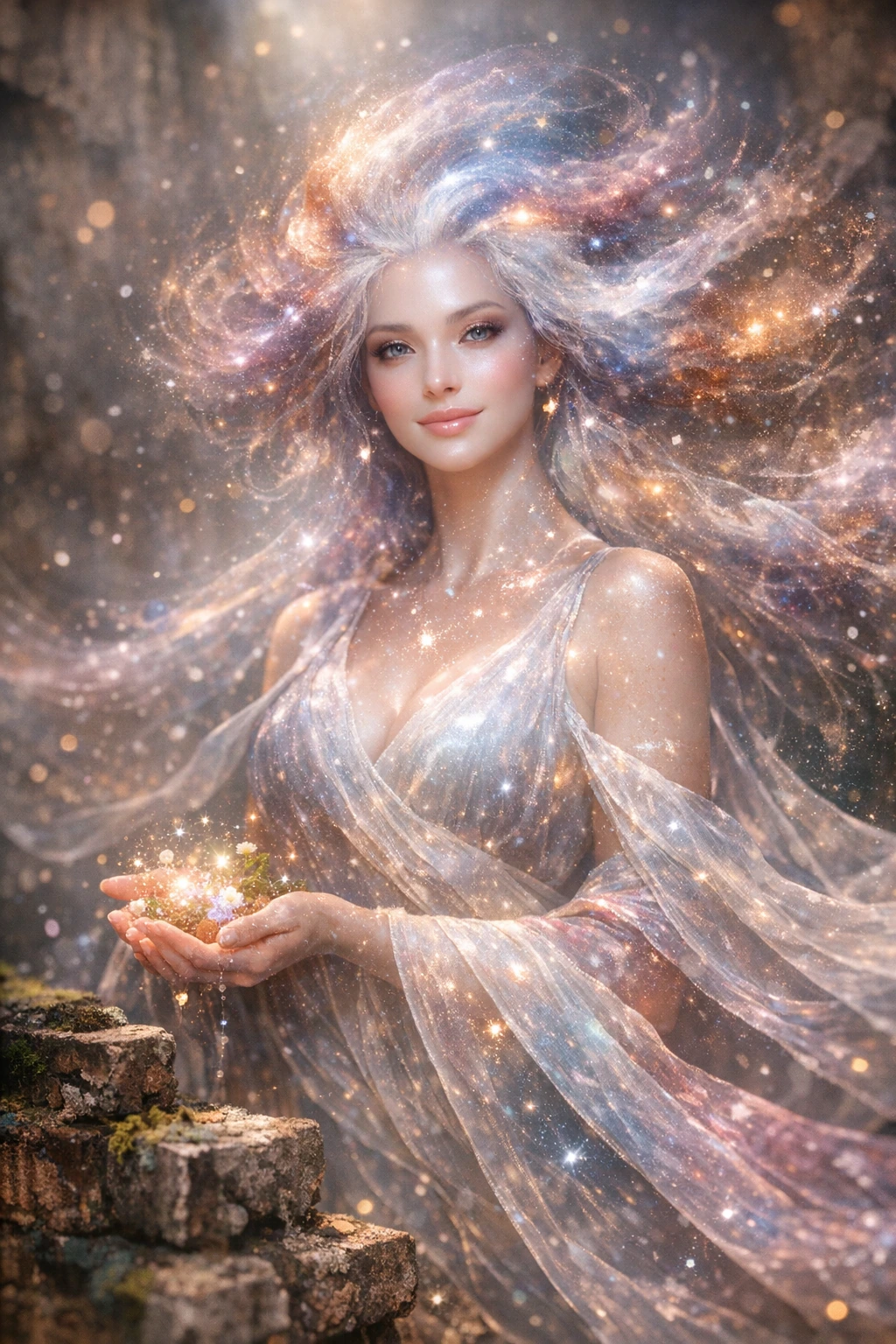 A breathtakingly beautiful cinematic portrait of an ethereal cosmic demigoddess of life and fertility. Her skin is flawless, luminous, and smooth as p