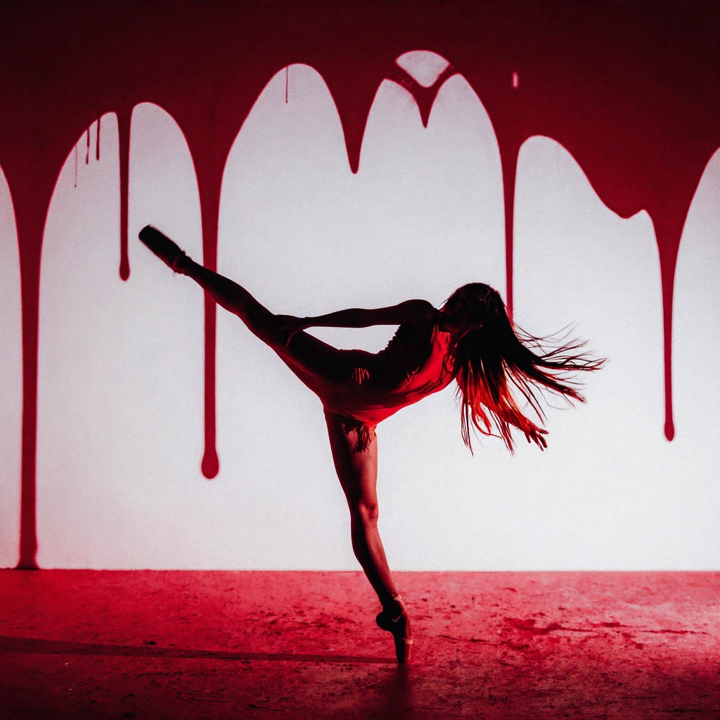 cinematic wide shot of a ballet dancer in an arabesque pose wearing a bright red leotard, graceful and ethereal, dramatic cinematic lighting with deep shadows and highlights, high contrast, fine art photography, elegant movement captured in monochrom