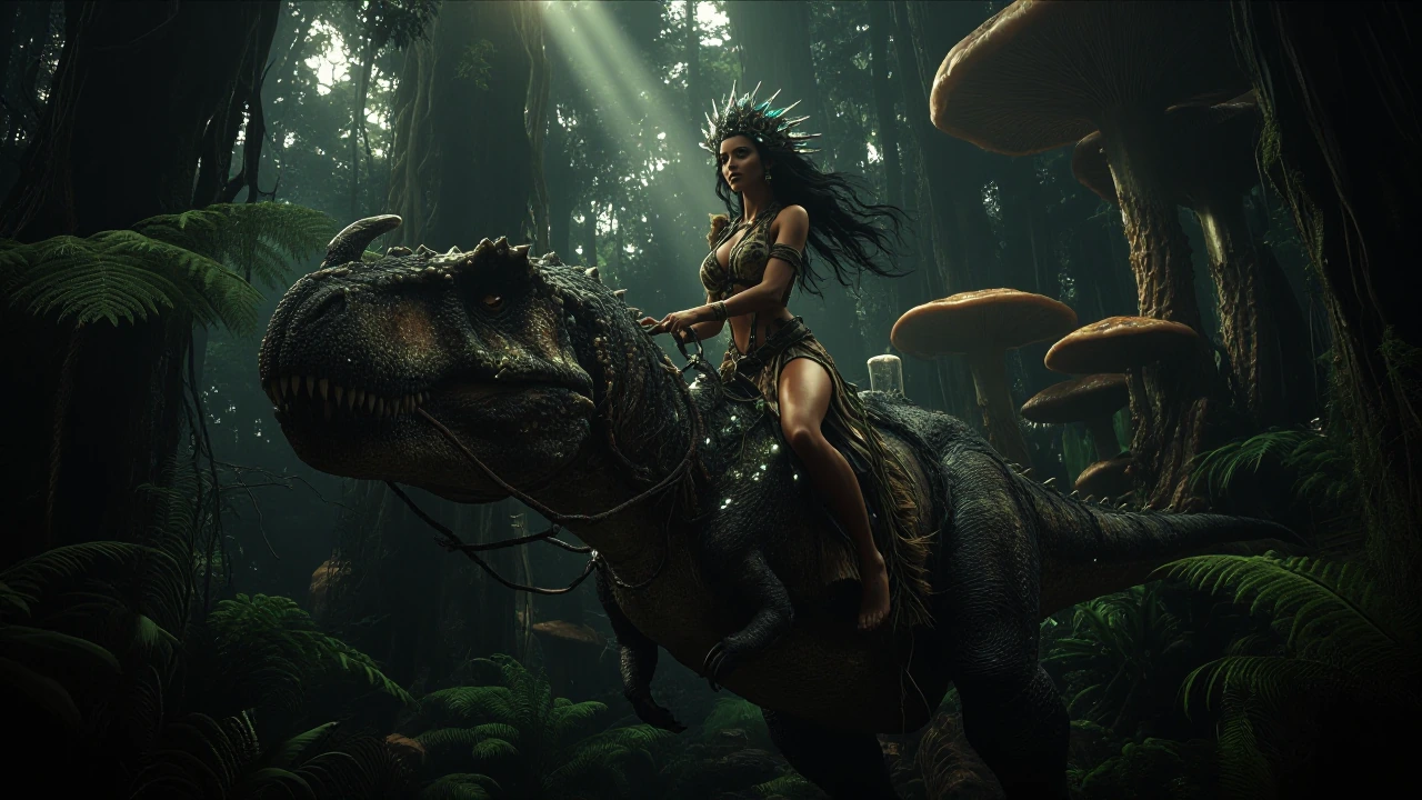 A breathtakingly beautiful, hyper-detailed woman embodies the "Queen of the Jungle." She wears a sleek, form-fitting Tarzan-style tunic of dark leopard fur and woven vines, her toned legs and midriff bare. Her wild, flowing hair is adorned with a cro