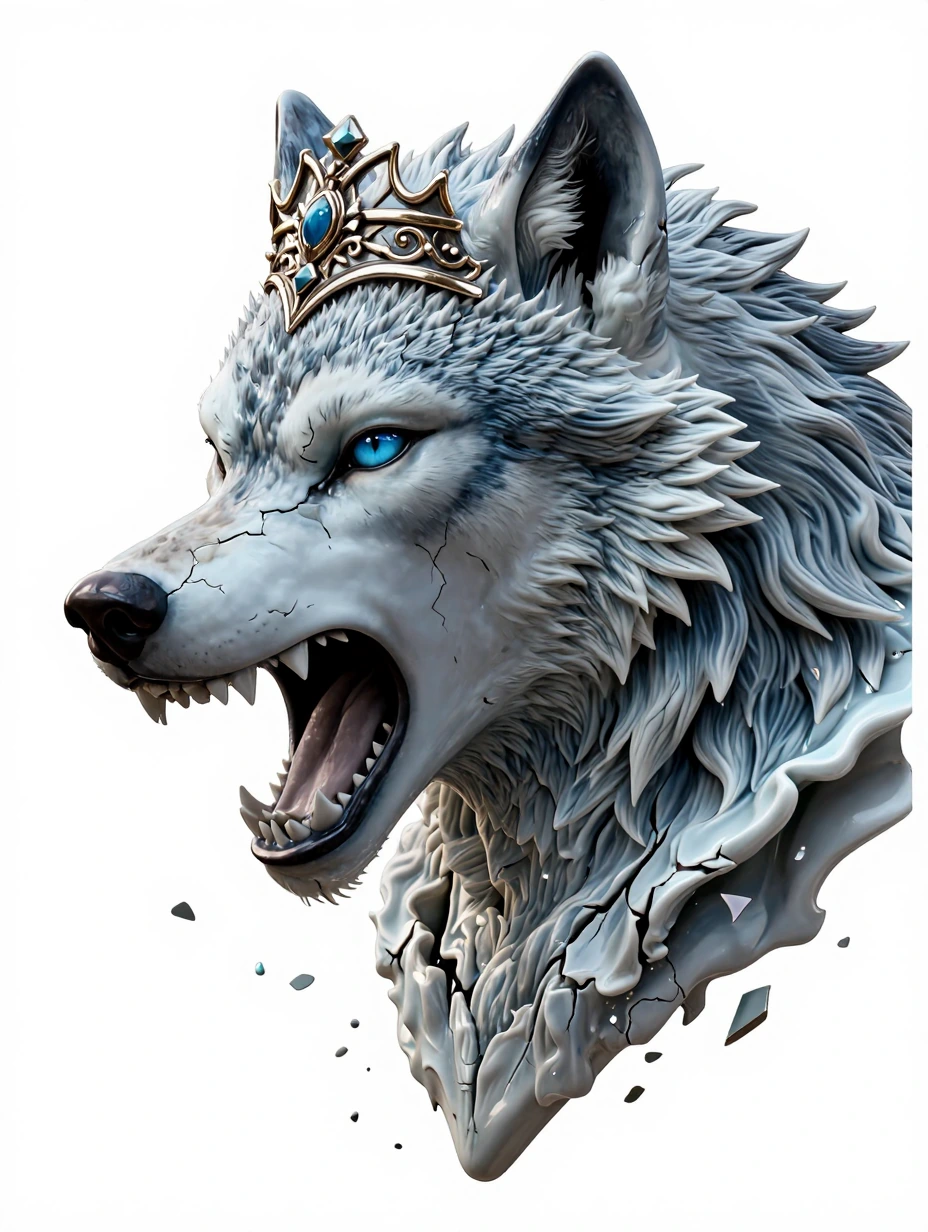 a beautiful porcelain-skinned vampire transforming into a fearsome werewolf. Her intricate metallic crown remains as her defining feature, but cracks begin to form on her porcelain skin, with lifelike wolf fur starting to emerge from underneath. Her 