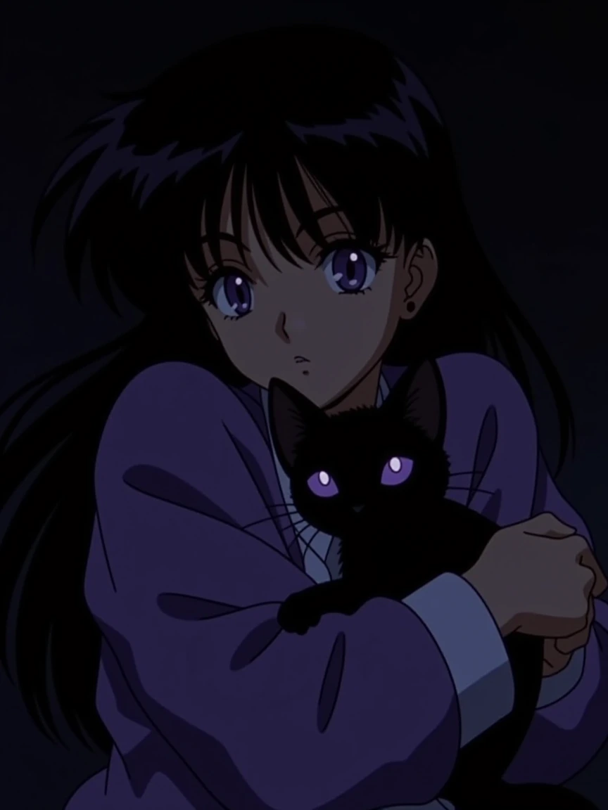 masterpiece, best quality, 1girl, hugging cat, very cute, black cat, purple glowing eyes, dark hair, looking at viewer, high contrast, dark background