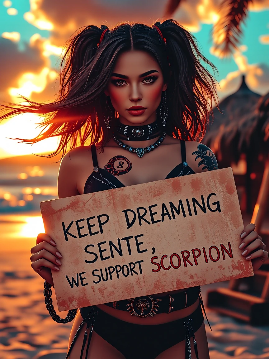 Bombshell brunette woman with twin tails and a detailed scorpion tattoo, standing confidently on a sunny beach at golden hour, wearing a stylish black bikini with edgy silver accents, cinematic lighting, wind flowing through her hair, confident expre