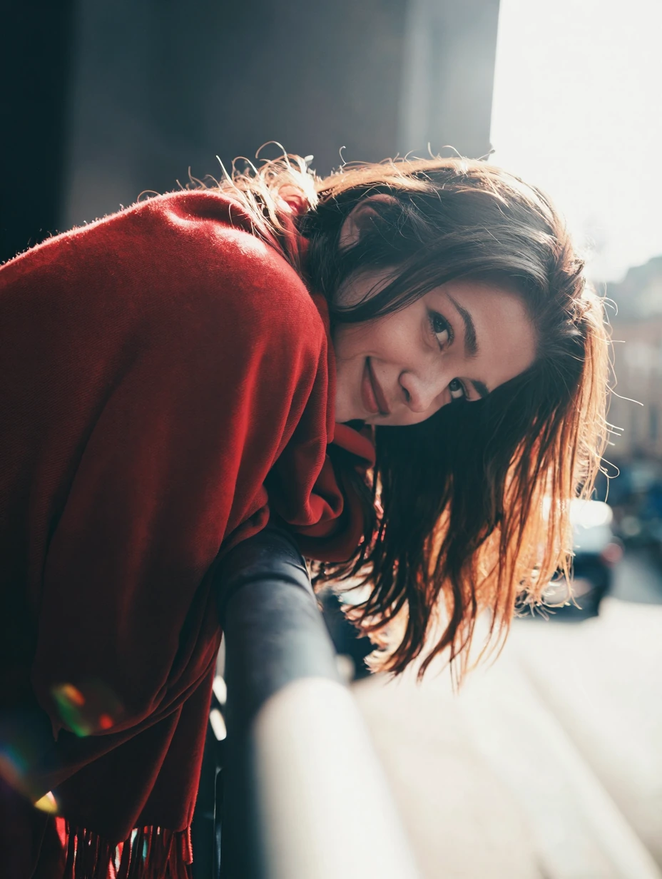 A half-body portrait of a young woman outdoors, captured from a low-angle shot as she leans casually against a terrace railing, looking down at the camera. Her long, wavy hair flows over her shoulders, catching sunlight and creating soft, luminous hi