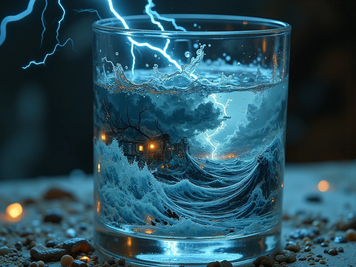 Miniature tempest swirling inside a crystal glass of water, dramatic storm clouds roiling within the liquid, lightning bolts crackling through transparent water, turbulent waves churning violently in confined space, stormy atmosphere compressed into 