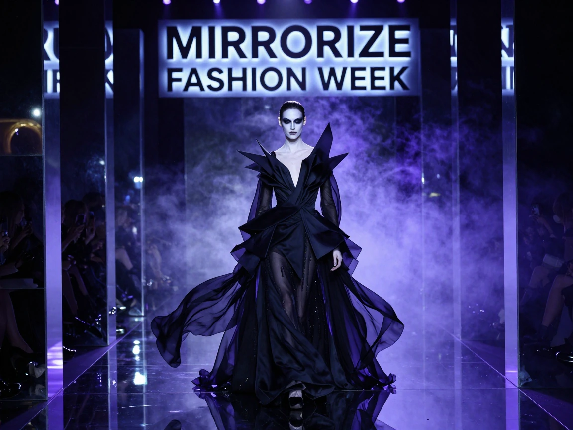 dramatic haute couture runway, sleek goth model striding down catwalk with intense gaze, sharp dramatic makeup with dark eyeshadow and pale porcelain 