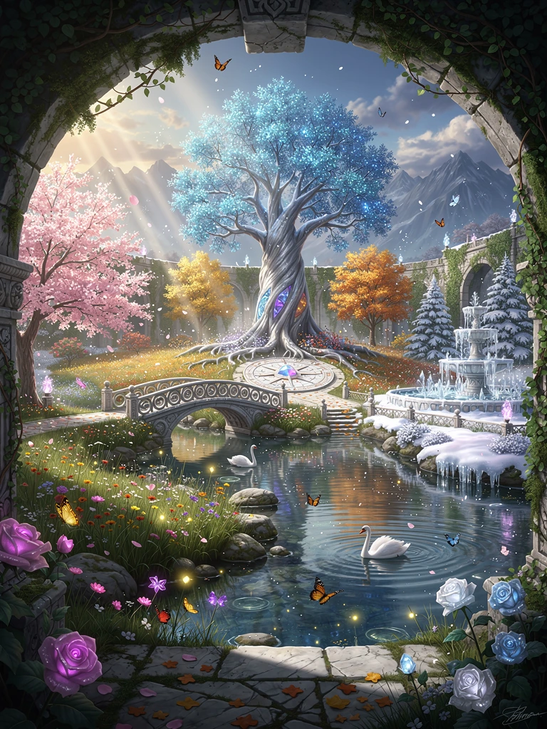 Hidden beyond an ancient stone archway lies a breathtaking enchanted garden where all four seasons exist in perfect harmony. One corner blooms with vibrant spring cherry blossoms drifting through the air, another glows with endless summer wildflowers