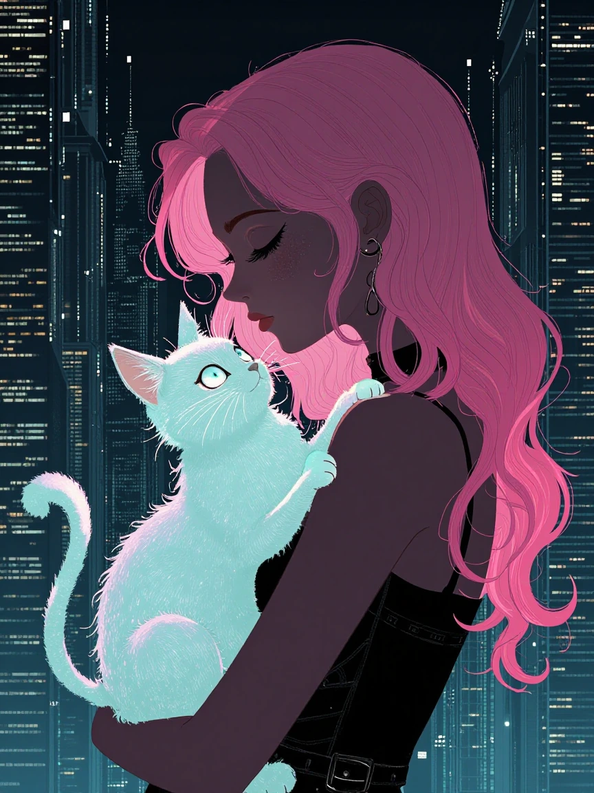 beautiful woman pink hair with an iridescent luminous cat in a futuristic city.