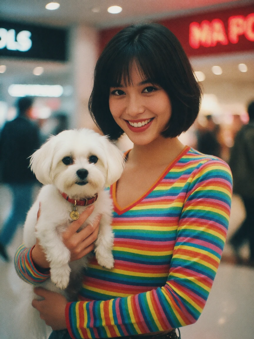 bright stipes on her clothes. woman bob hair with her Maltese at the mall. photograph