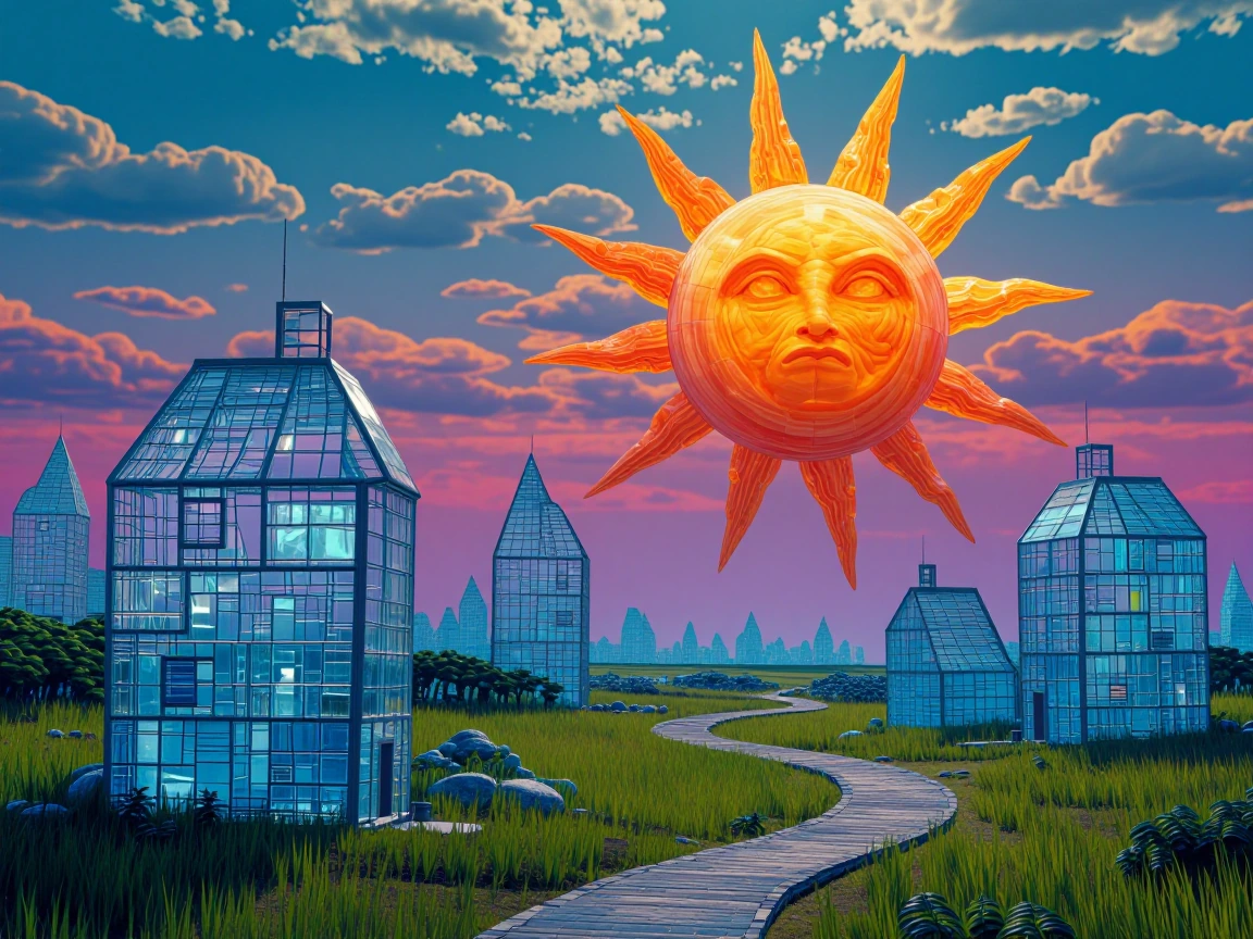 a phantasy landscape with fantasy creatures, colorful sky, houses created of glass, a weirdly shaped sun