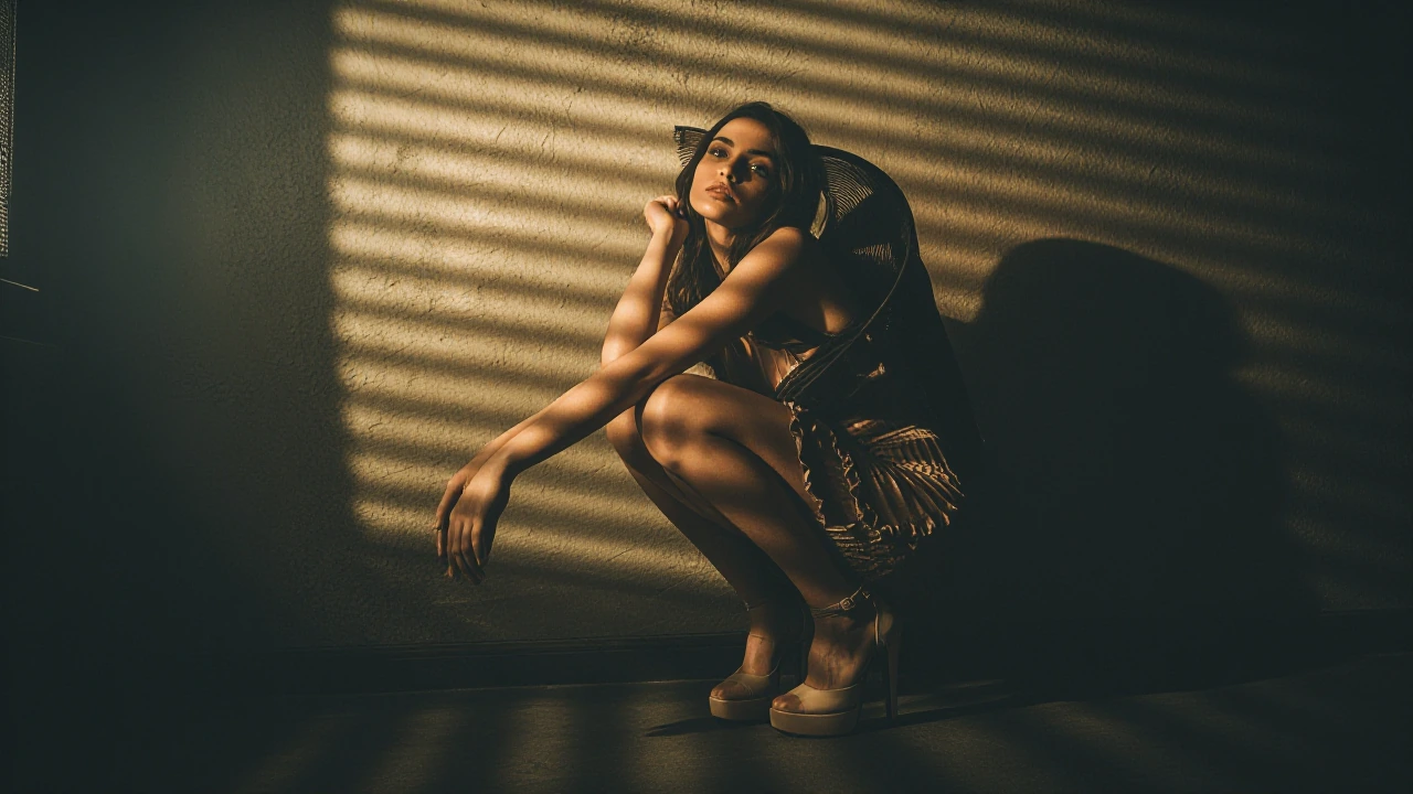 (masterpiece), best quality, expressive eyes, perfect face,High-fashion editorial photography, a striking female model crouching elegantly against a textured wall, dramatic lighting filtering through Venetian blinds creating sharp, rhythmic horizonta