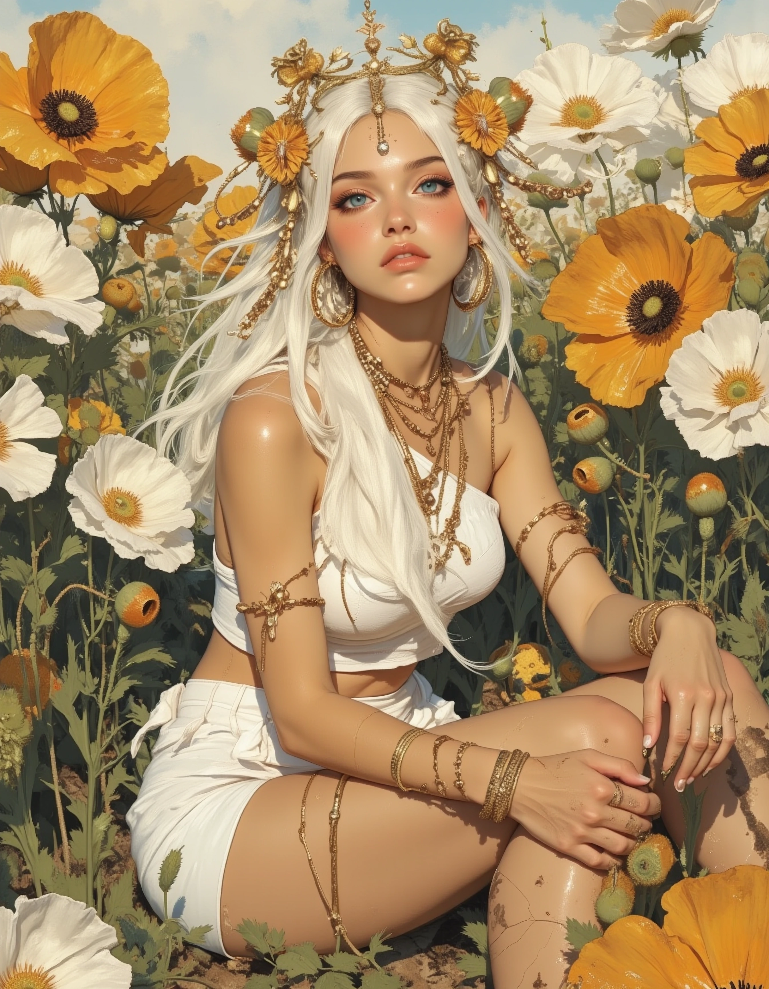 A beautiful woman with large expressive blue eyes, flushed cheeks and long voluminous white hair flowing wildly with strands highlighted, adorned with