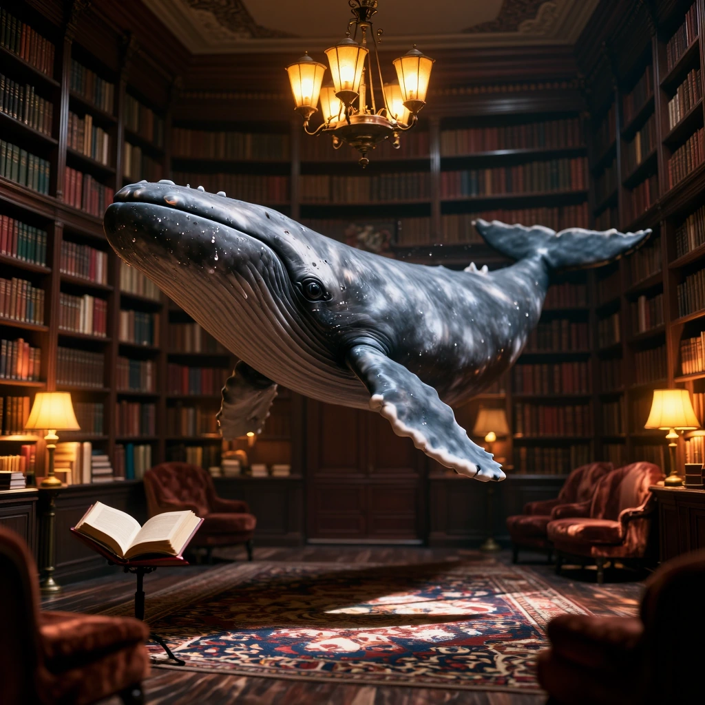 Capture a hyper-realistic photograph of a grand Victorian library with towering mahogany bookshelves stretching floor to ceiling, warm amber lantern light casting long shadows across worn leather-bound volumes — but in the center of the room, an enor