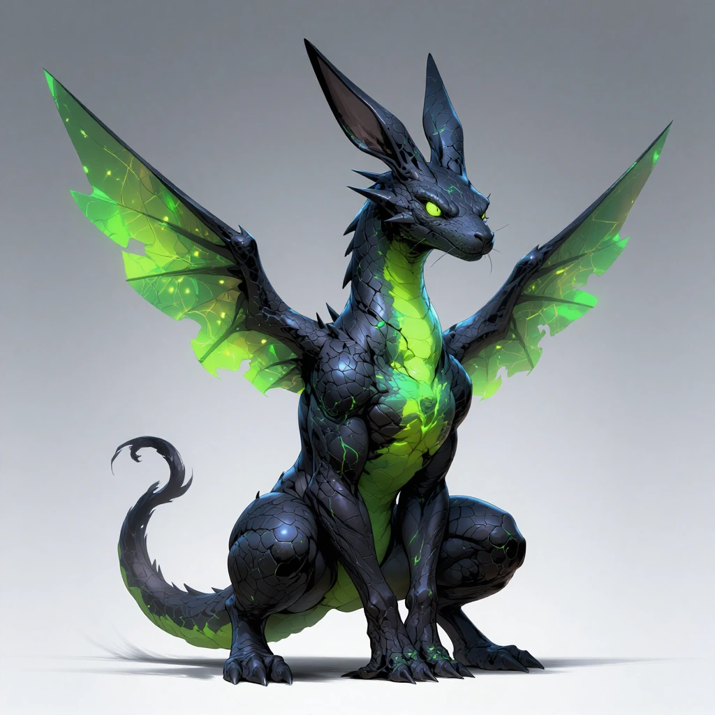 a compact dragon-rabbit hybrid with an elongated serpentine neck, scaled in deep black with bright n…