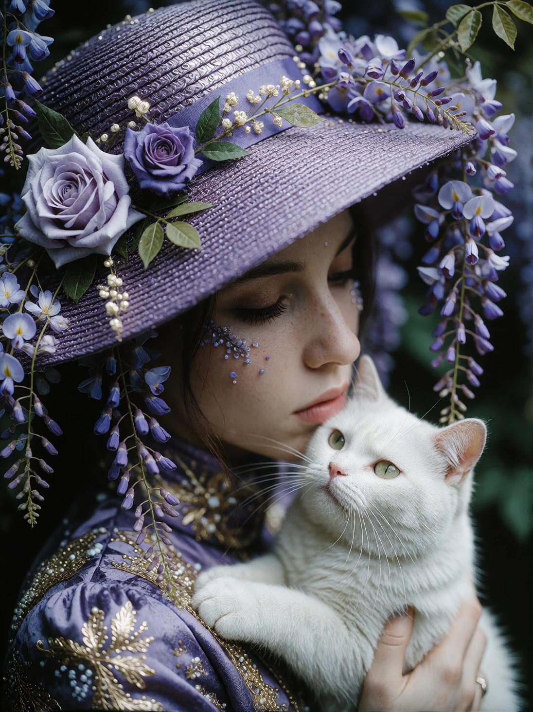 Woman and a hat with a cat. Focus on these colors: wisteria, periwinkle, lavender, violet.