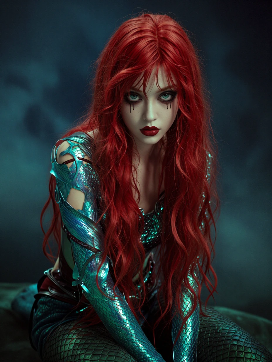 ariel, disney mermaid 1girl, fair skin, red lips, red hair, large aqua eyes, goth outfit, torn revealing clothes, goth makeup, looking at viewer,