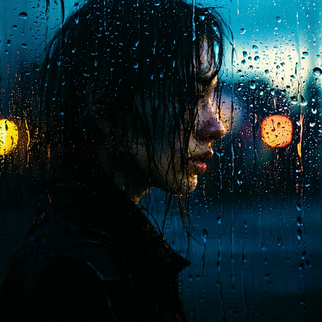 moody character close-up with rain on window, film grain aesthetic