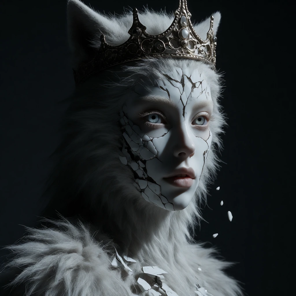 Imagine a beautiful porcelain-skinned vampire transforming into a fearsome werewolf. Her intricate metallic crown remains as her defining feature, but cracks begin to form on her porcelain skin, with lifelike wolf fur starting to emerge from undernea