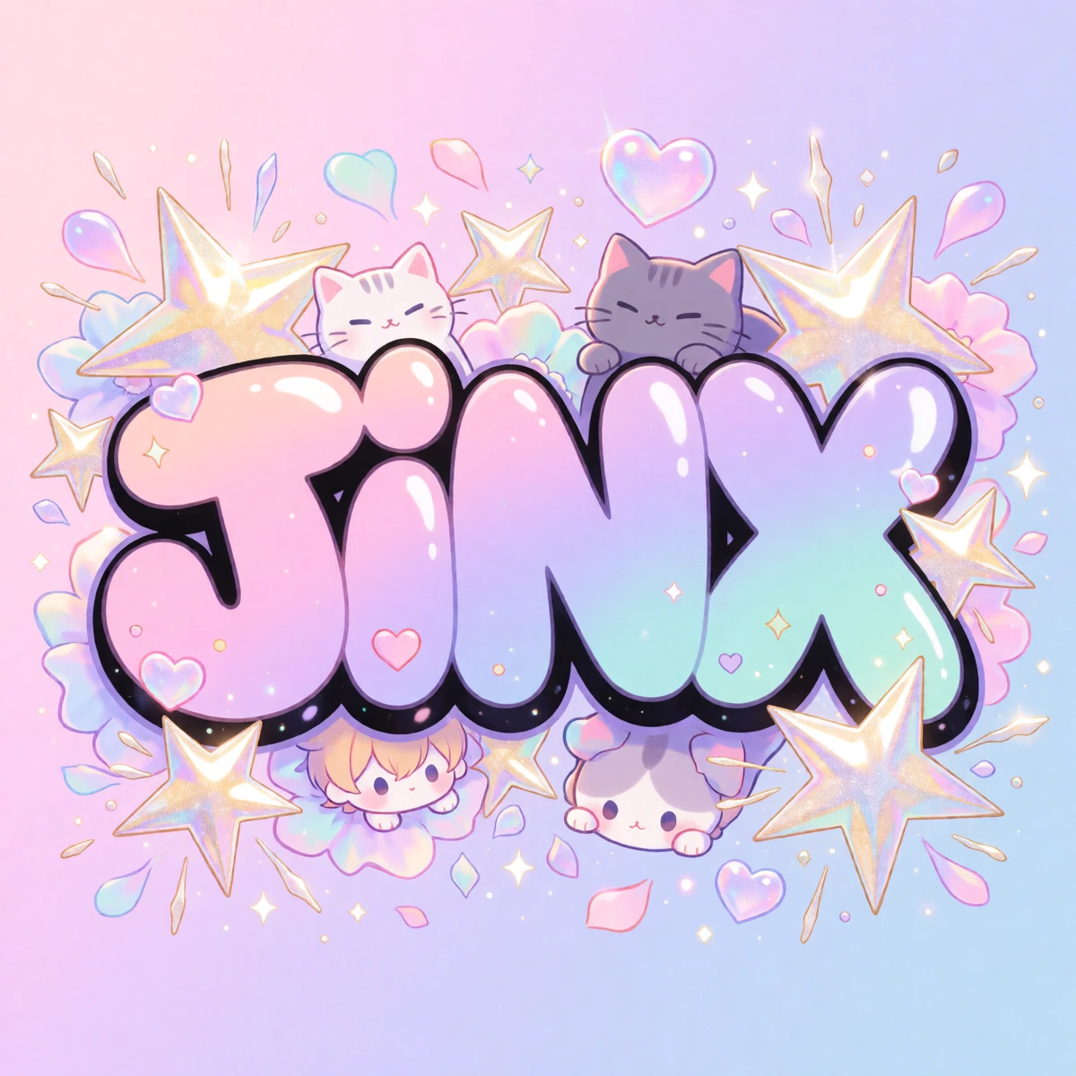 The word "JINX" rendered in a thick, rounded bubble font with soft curves and playful proportions, each letter filled with a gradient of pastel pink to lavender to mint, outlined in a thin black stroke with a glossy highlight running down the right s