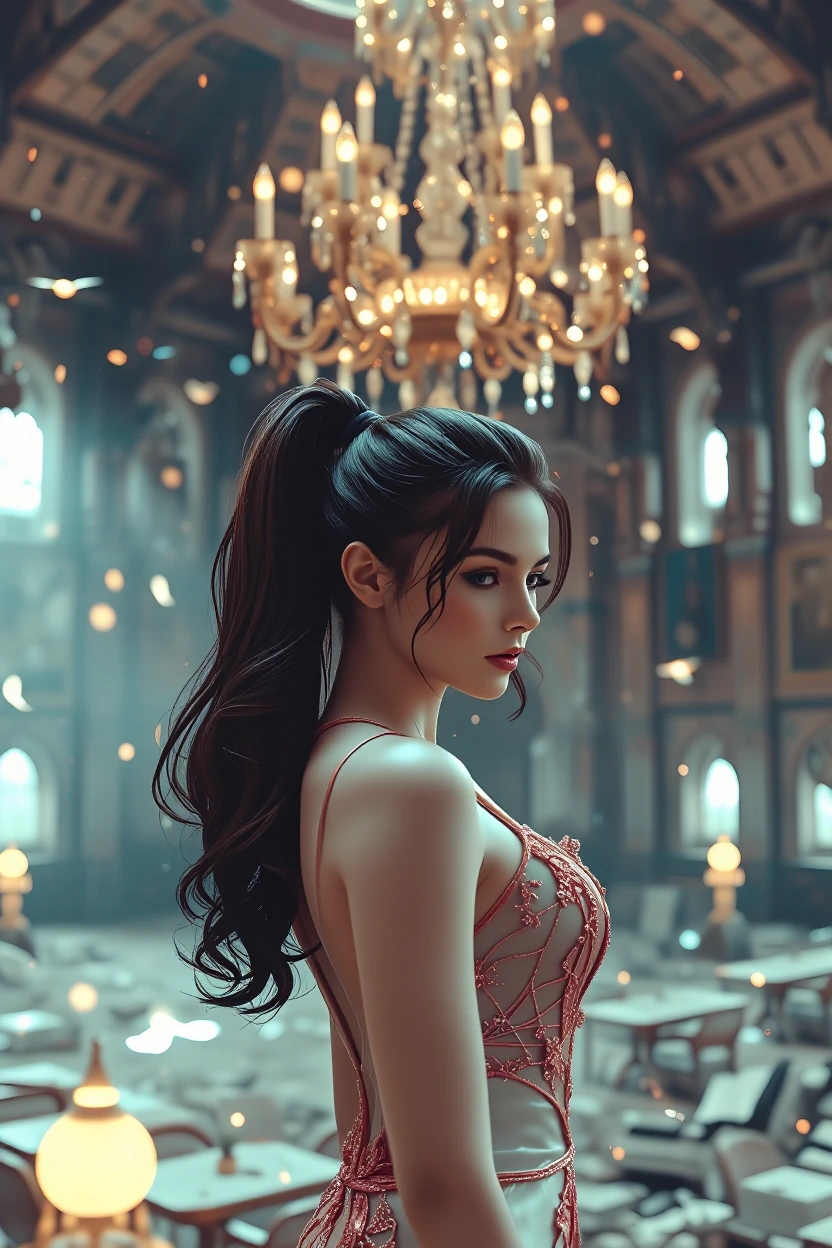 a chandelier of fireflies over a ruined ballroom, bombshell brown haired woman with large breast & high long ponytail. Elegant dress