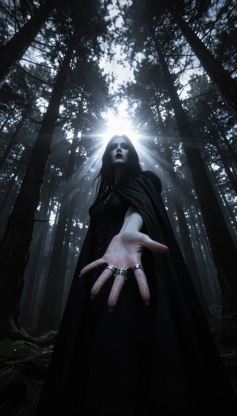 A hyperrealistic photograph taken from an extremely low angle, depicting a stunning, tall, pale-skinned, dark gothic femme fatale wearing a long, flowing black cape, looking directly at the camera. Her gaze is determined. Her left hand is dramaticall