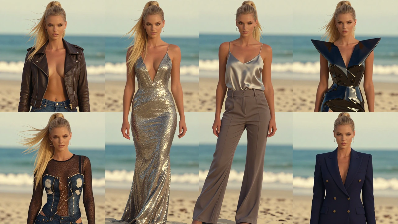 Using a blonde supermodel with long hair styled in a high ponytail, professional makeup, her only flaw slightly uneven teeth. model and beach setting, create a hexagonal collage with six panels. Maintain the blonde high ponytail and confident express