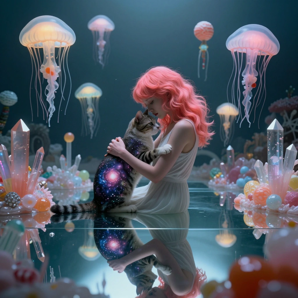 A woman with coral-pink hair embracing a cat whose body contains a miniature galaxy, both reflected infinitely in a floor of liquid mirror surrounded by floating candy-colored jellyfish and crystalline formations.