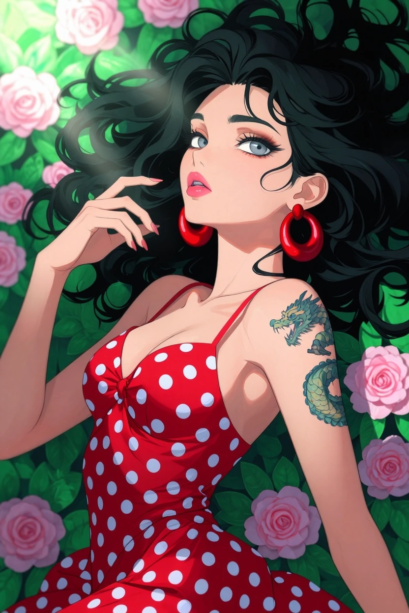 { "image": { "composition": { "framing": "character centered with floral elements surrounding", "visual_balance": "harmonious balance between characte