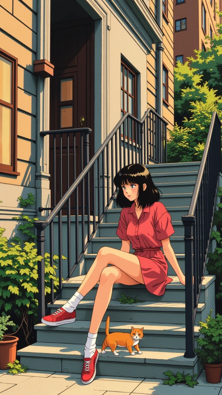 anime illustration, cel-shaded expressive linework, original manga protagonist girl sitting on apartment building stairs, cat beside her, intimate moment, warm afternoon lighting, cozy urban setting, distinctive outfit and character design from befor
