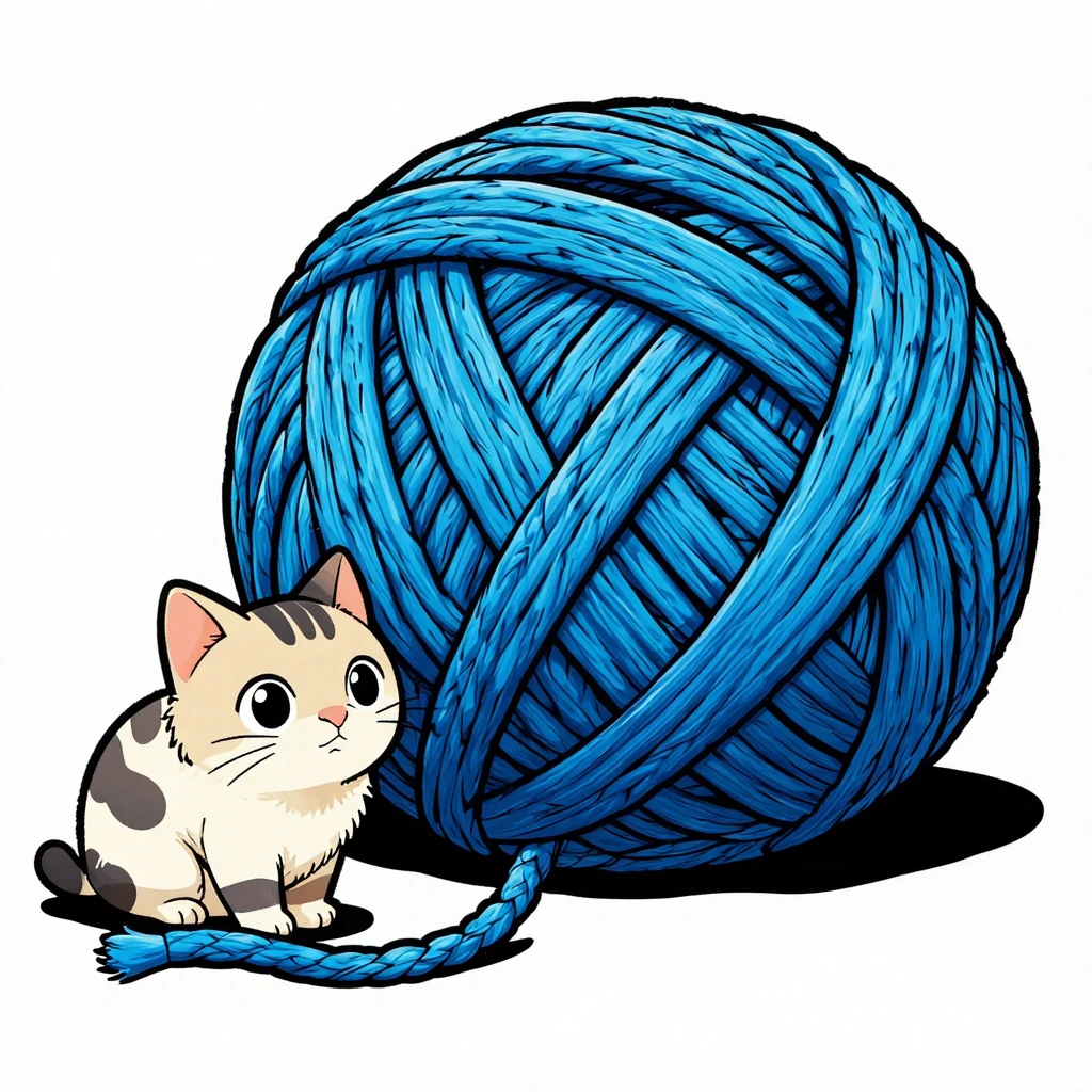 a tiny cat next to a huge ball of string, the ball of string is blue and braided like hair