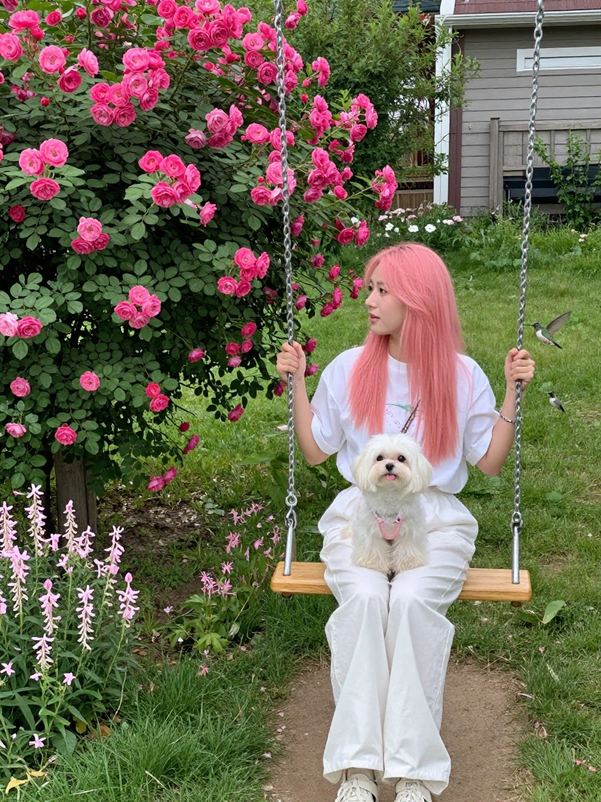 Woman, pink hair, sitting on a swing with her Maltese in a normal backyard, flowers, rosebush, honeysuckles, and hummingbirds, springtime colors