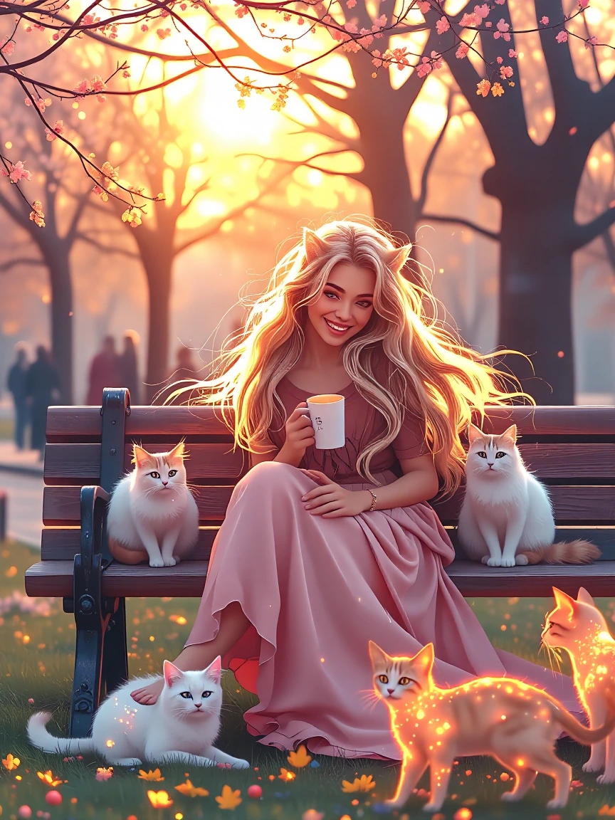 a joyful woman with long flowing hair sitting on a park bench at golden morning hour, holding a warm cup of coffee, surrounded by multiple cats lounging nearby, soft pastel spring colors, warm sunlight filtering through trees, sparkly illuminated fur