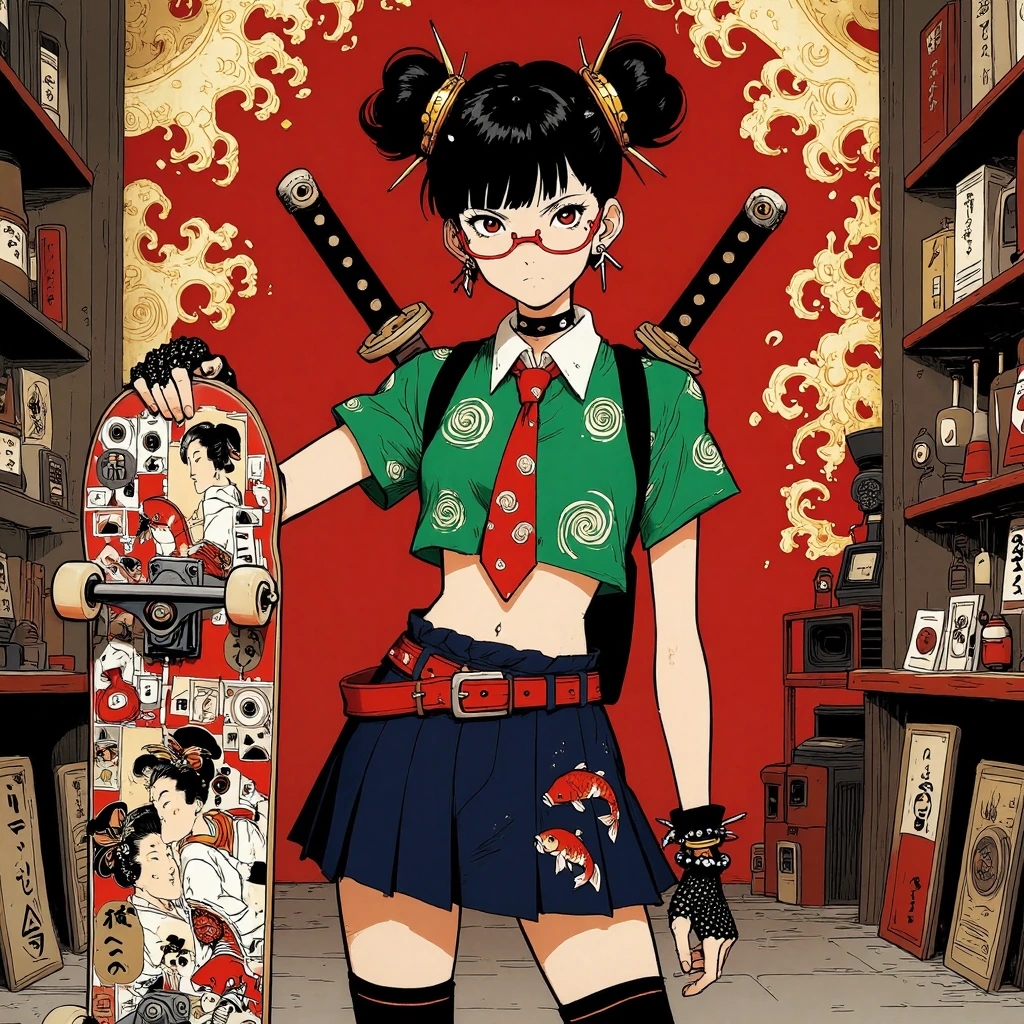 A highly detailed digital illustration in an anime style, featuring a punk-inspired girl standing confidently inside a stylized Japanese skate shop. Her black hair is styled into twin buns, each adorned with sharp gold kanzashi spikes. She wears crim