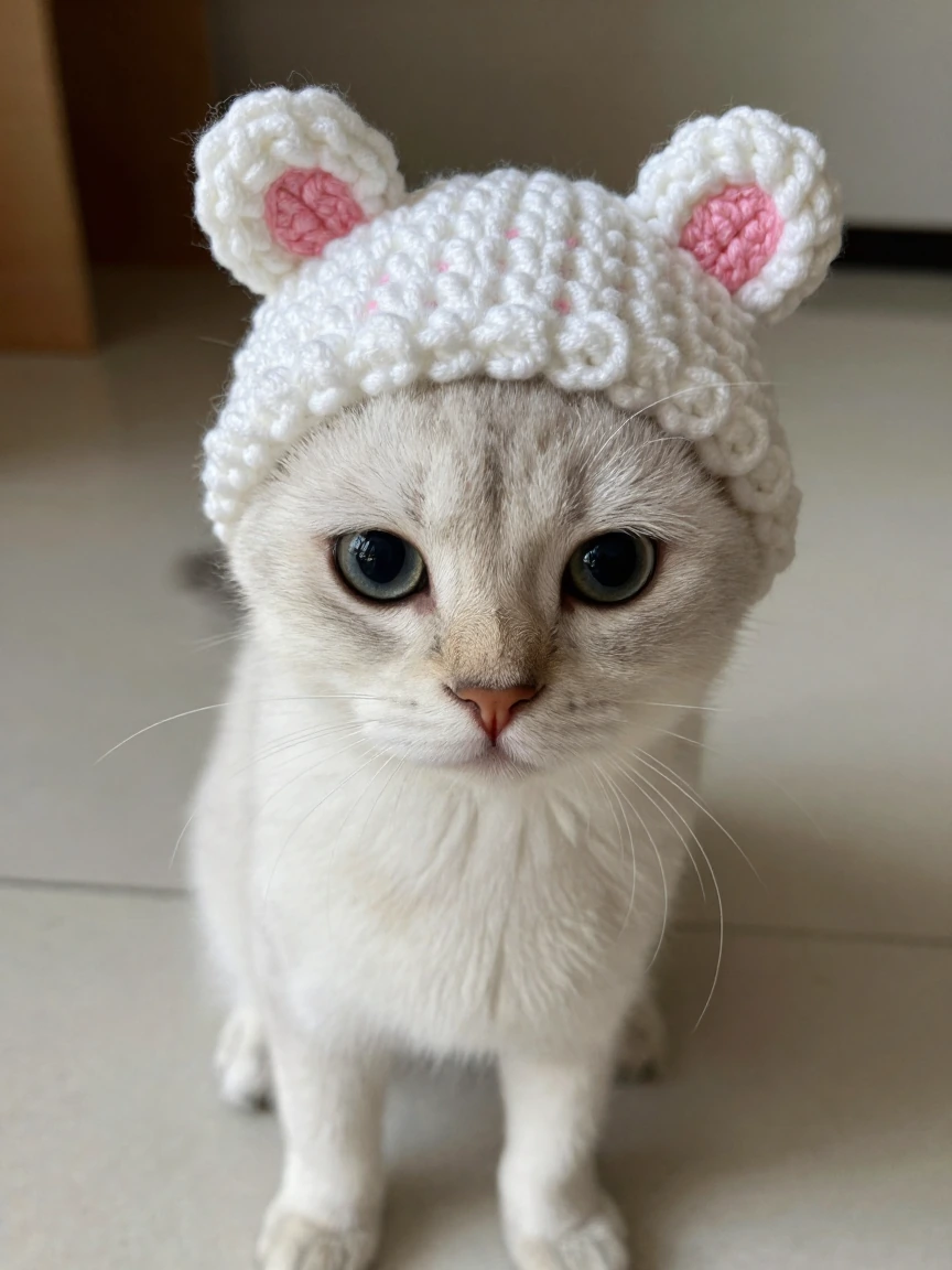 Kitten in a cute crochet hat, ears out, amateur photo
