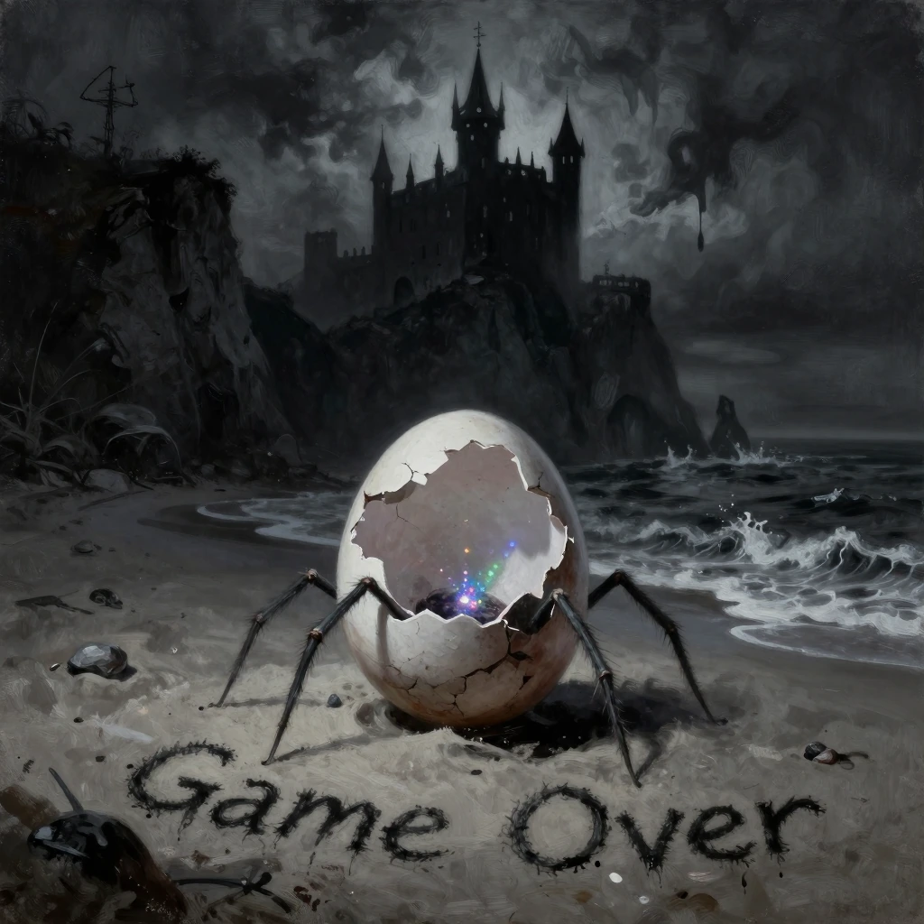 A cracked eggshell, from which slender spider legs sprout, stands on a desolate beach, its surface fractured and pale. Sand surrounds this surreal creature, whilst the words ‘Game Over’ are scrawled nearby in desperate letters. Behind it, imposing cl