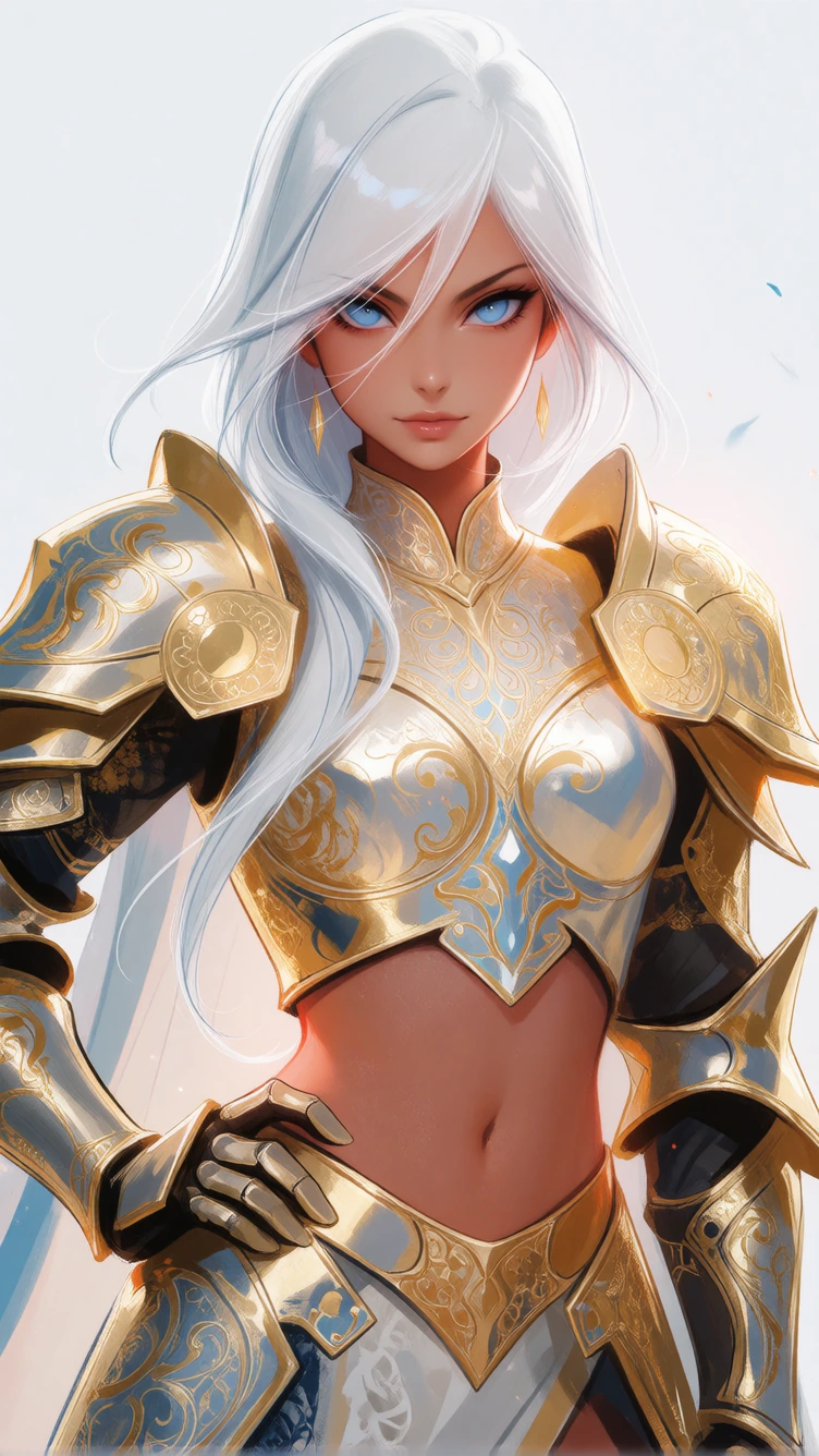 Anime-style illustrated character portrait, mid-shot centered composition, intense piercing gaze with vivid blue eyes, long flowing white hair with si