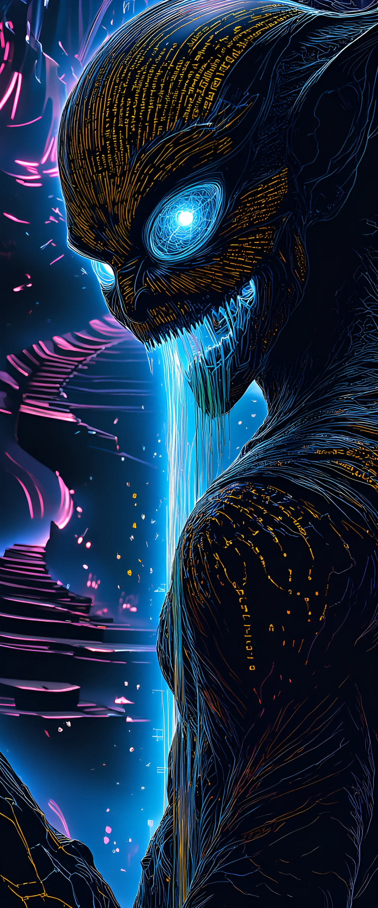 A hyper-detailed, macro-photography portrait of a transcendent, apex demonic entity made entirely of highly polished, Vantablack-like obsidian. The entity’s surface is intricately etched with microscopic, glowing gold cuneiform script and binary code