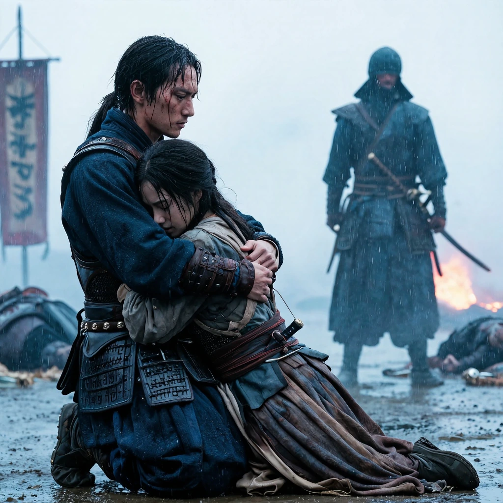 An ultra-realistic cinematic masterpiece of a wounded swordsman kneeling with an injured woman in his arms as he points his katana toward a single approaching enemy commander in the distance. Rain pours heavily. His expression is calm, fearless, lege