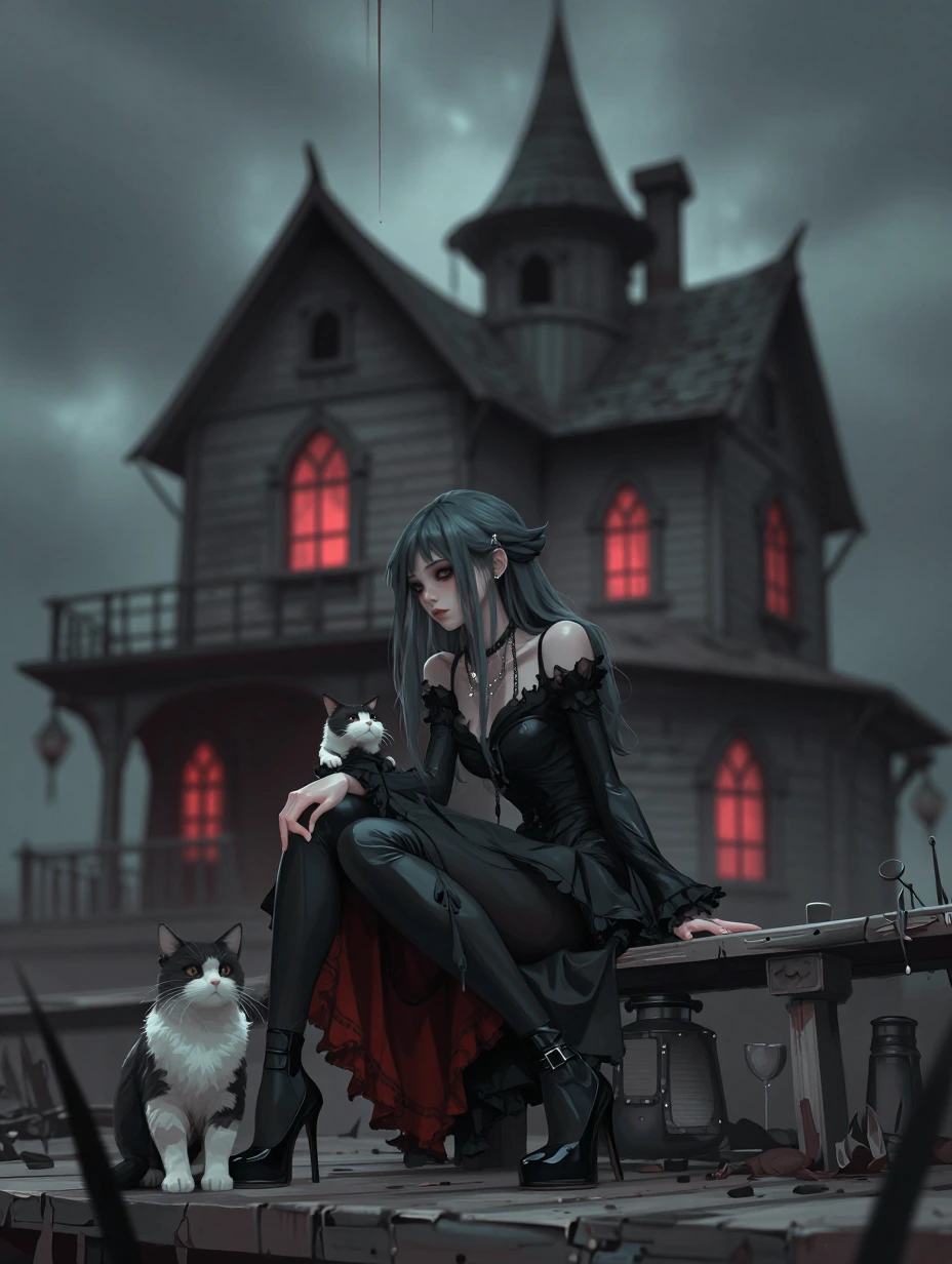 Dark goth woman with a cat, haunted house