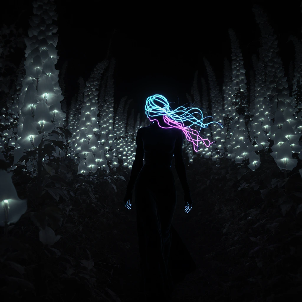 A woman with skin of matte black velvet and hair of coiled neon tubing (pulsing cyan and magenta) walks through a midnight grove of giant foxgloves. T